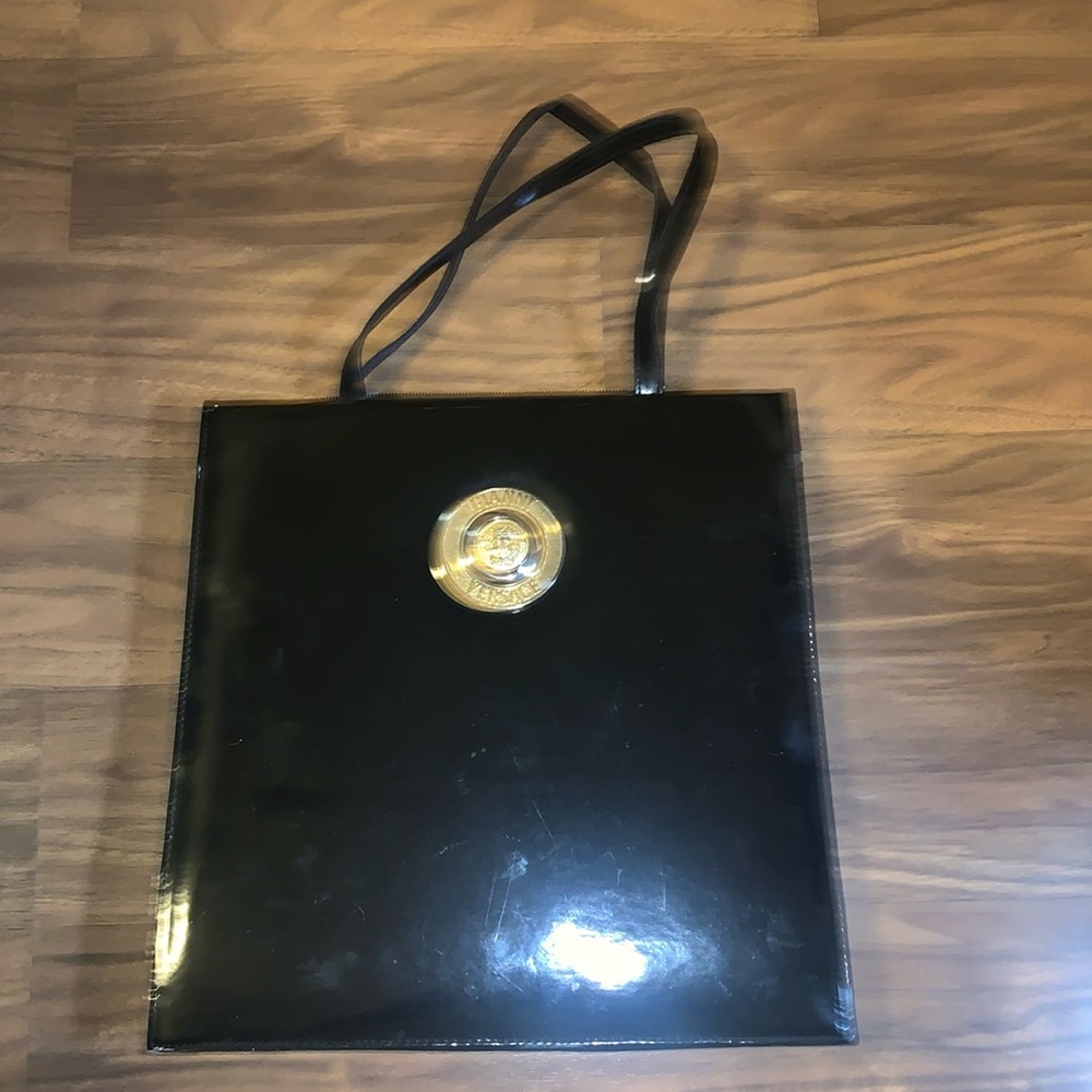 Vtg Gianni Versace Medusa patent vinyl black bag mcm logo gold 80s Y2K